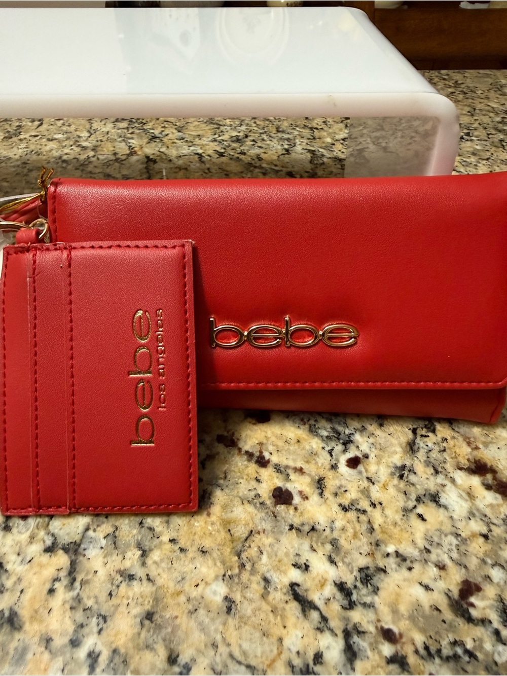 bebe Red Faux Leather Wallet with Matching Card Holder